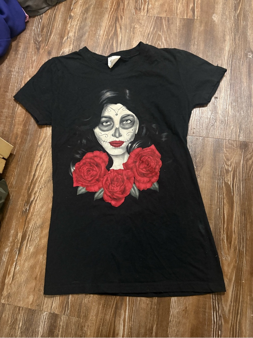 Black Graphic Tee with Red Rose Day of the Dead Design